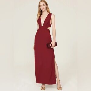 Fame and Partners Maroon Red Deep V Cross Back Slit Gown